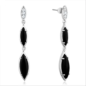 Rhodium Brass Earrings with Synthetic Onyx in Jet for Women Jet Stone Color Style 3W702