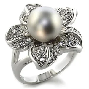 Rhodium Brass Ring with Synthetic Pearl in Gray for Women Style 0C108