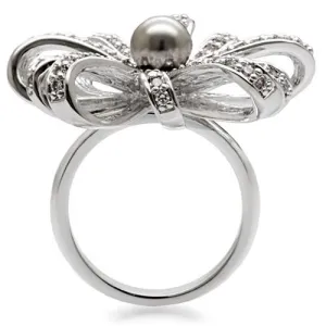 Rhodium Brass Ring with Synthetic Pearl in Gray for Women Style 1W093