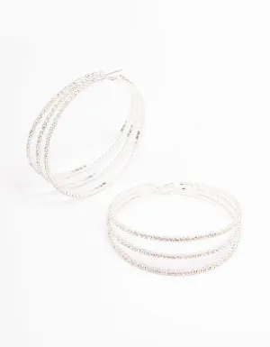 Rhodium Medium Triple Row Diamante Hoop Earrings