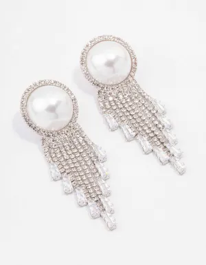 Rhodium Oversized Pearl Cupchain Diamante Earrings