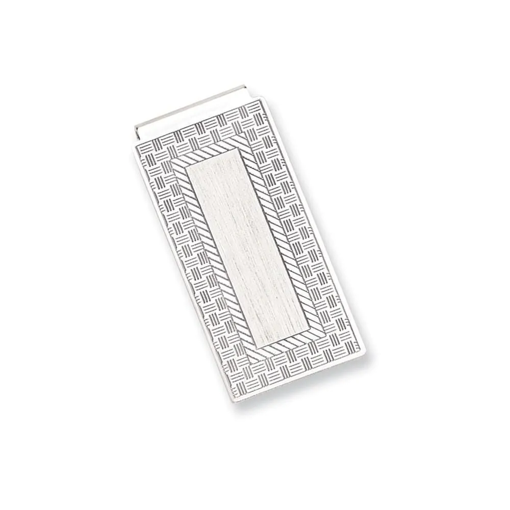 Rhodium Plated Checkerboard Hinged Money Clip