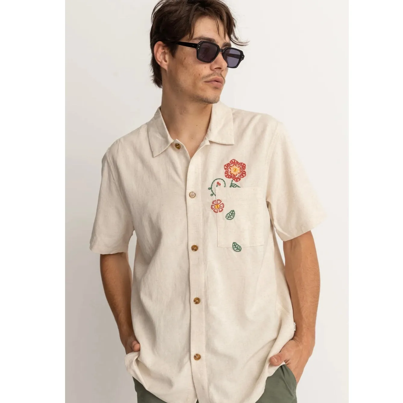 Rhythm | Flower Embroidery Ss Shirt | Natural