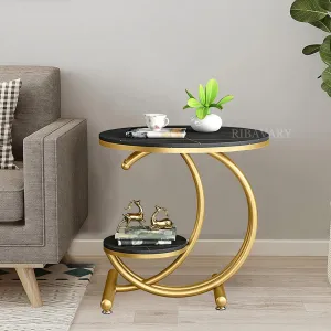 RIBAVARY® Attractive C Shaped Metal Frame Coffee Table for Living Room & Bedroom, Side Table for Small Spaces, Wooden Top & Metal Frame End Table (Golden & Black,)