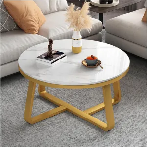 RIBAVARY™ Round Metal Frame Coffee Table for Living Room, Bedroom and Farmhouse, Center Table for Small Spaces, (White & Golden)