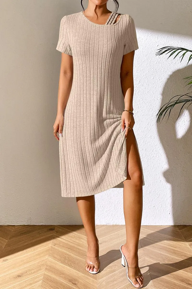 Ribbed Asymmetrical Neck Short Sleeve Dress