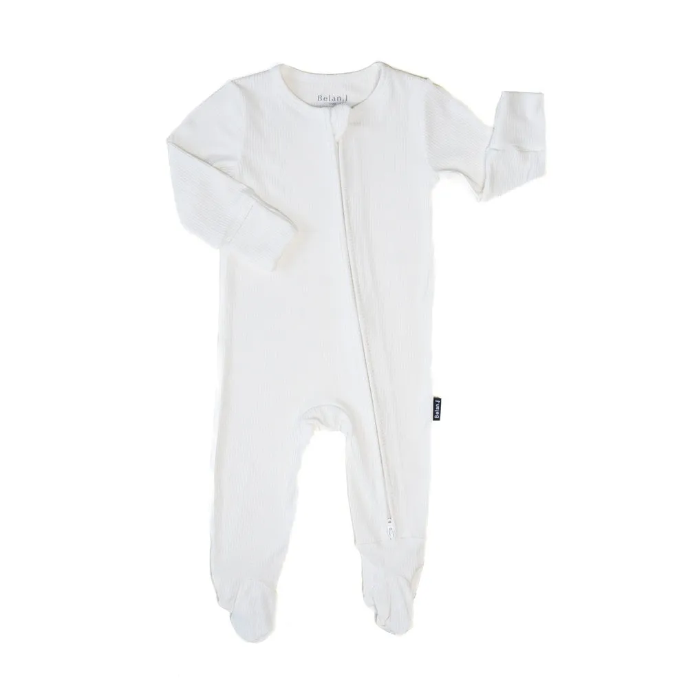 Ribbed Bamboo Footed Zipper Sleeper - Rice