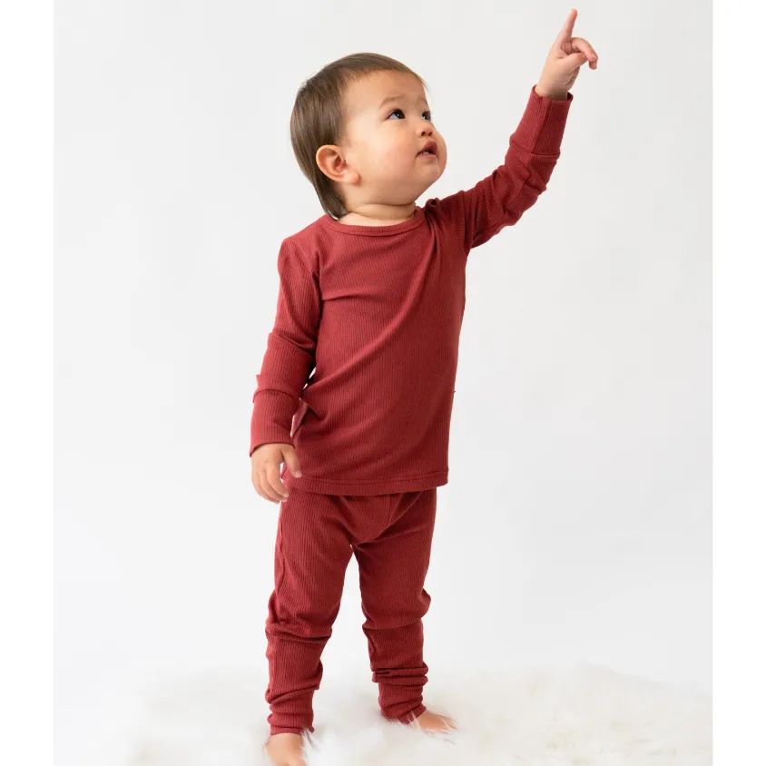 Ribbed Bamboo Long Sleeve PJ Set - Burgundy