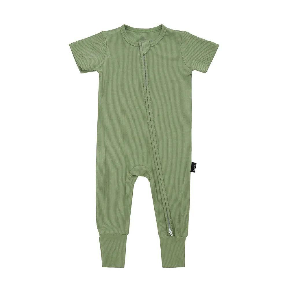 Ribbed Bamboo Short Sleeve Zipper Romper - Clover