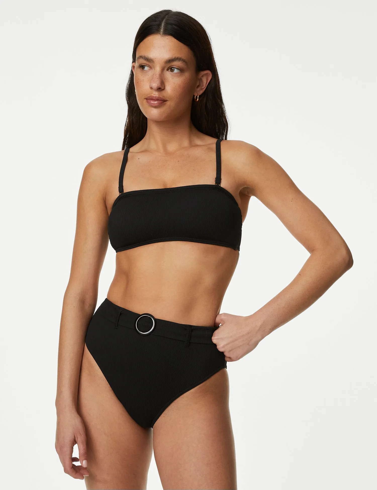 Ribbed Belted High Waist Bikini Bottoms