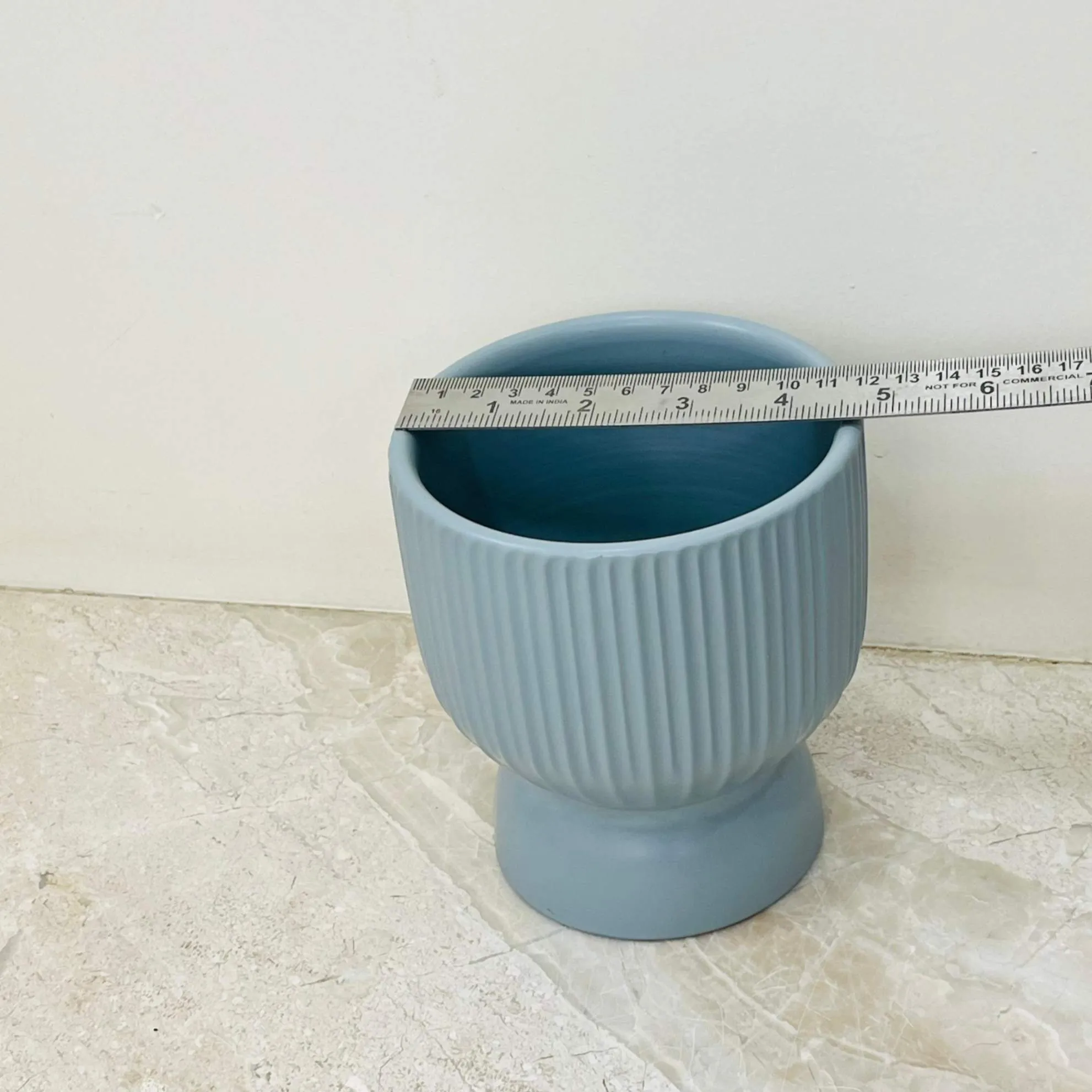 Ribbed Grey-Blue Hourglass Ceramic Planter – Modern Indoor Pot