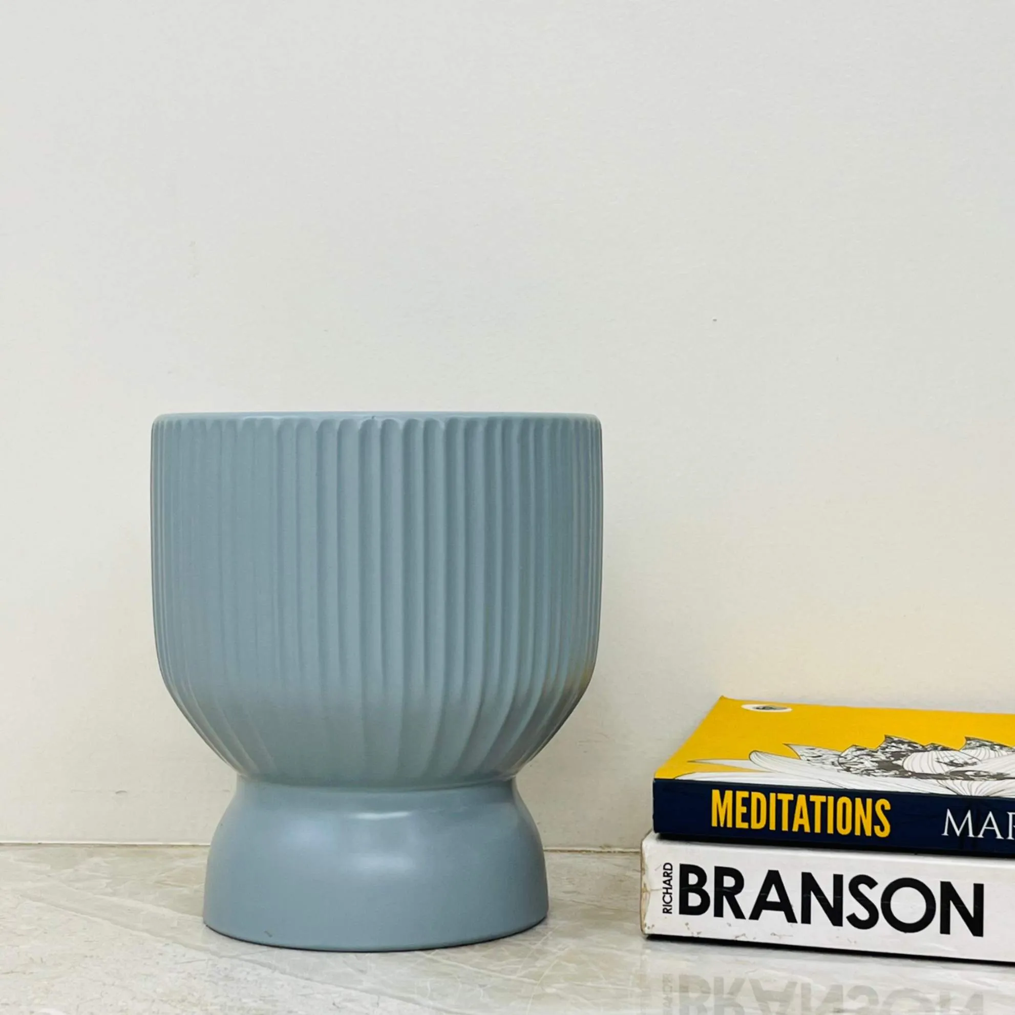 Ribbed Grey-Blue Hourglass Ceramic Planter – Modern Indoor Pot