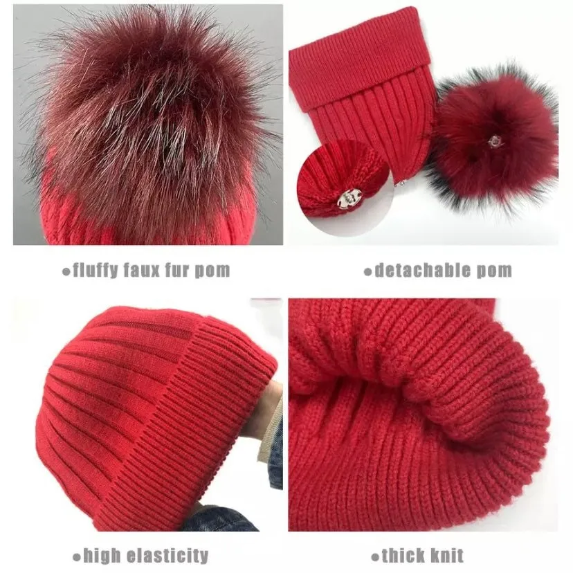 Ribbed Knit Cashmere/Angora Faux Fur Bobble Hat