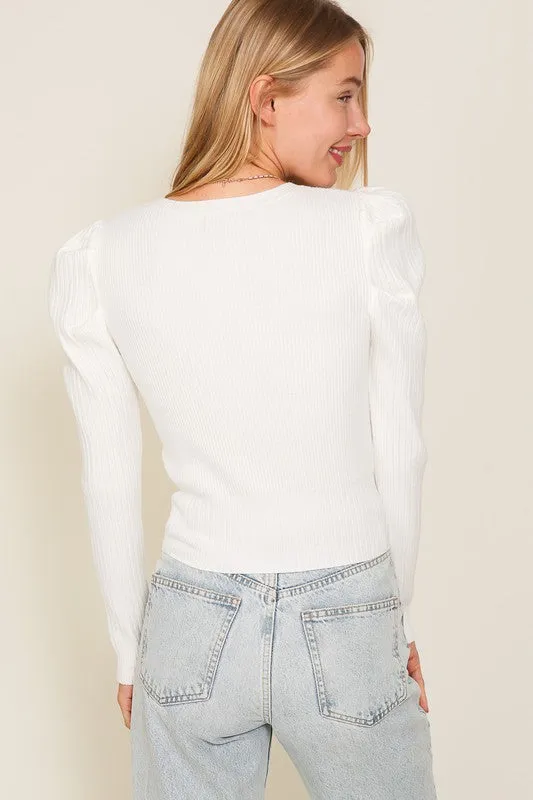 Ribbed Puff Sleeve Knit Top