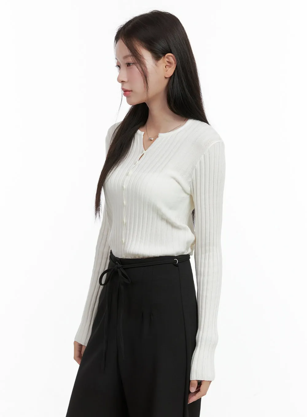 Ribbed Slim Buttoned Long Sleeve Top OG416