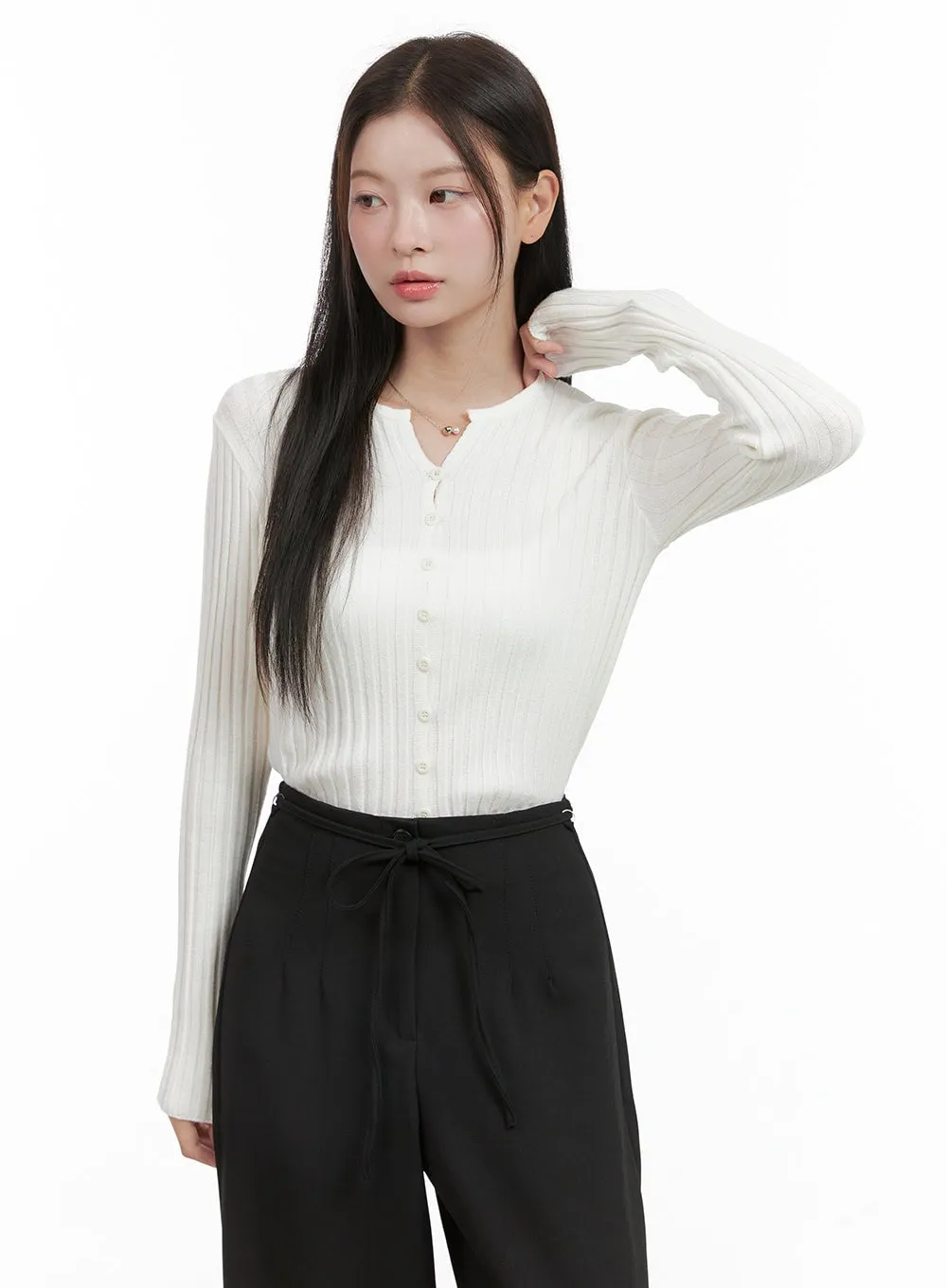 Ribbed Slim Buttoned Long Sleeve Top OG416