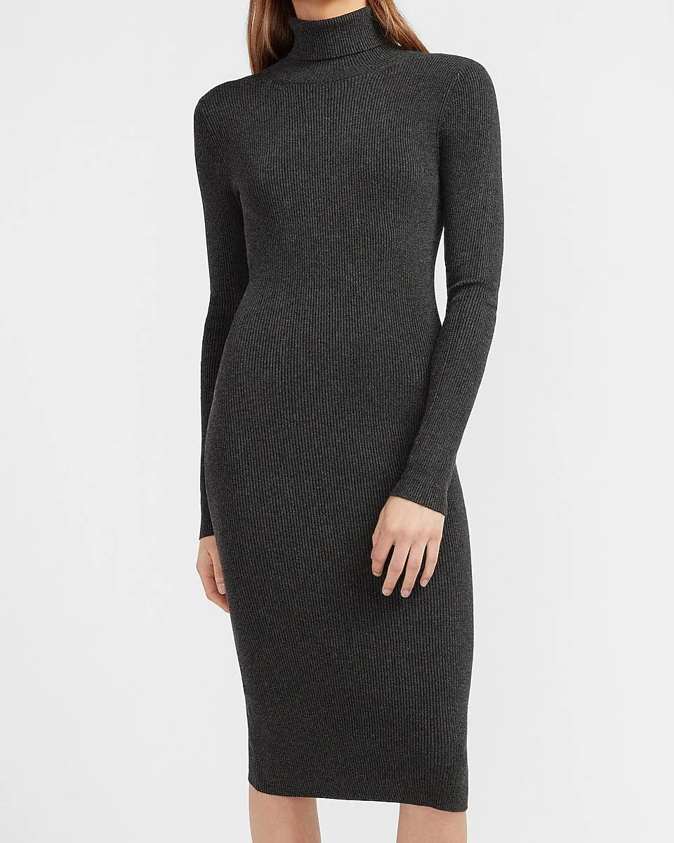 Ribbed Turtleneck Midi Sweater Dress in Charcoal Gray