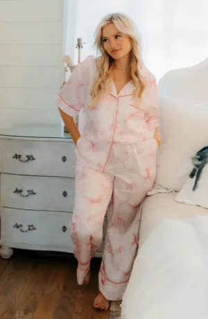 Ribbon Print Satin Pajama Set