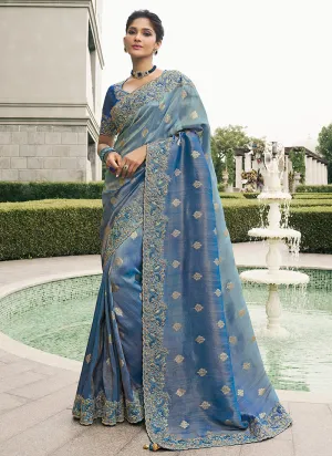 Rich Blue Multi Embroidery Tissue Silk Saree