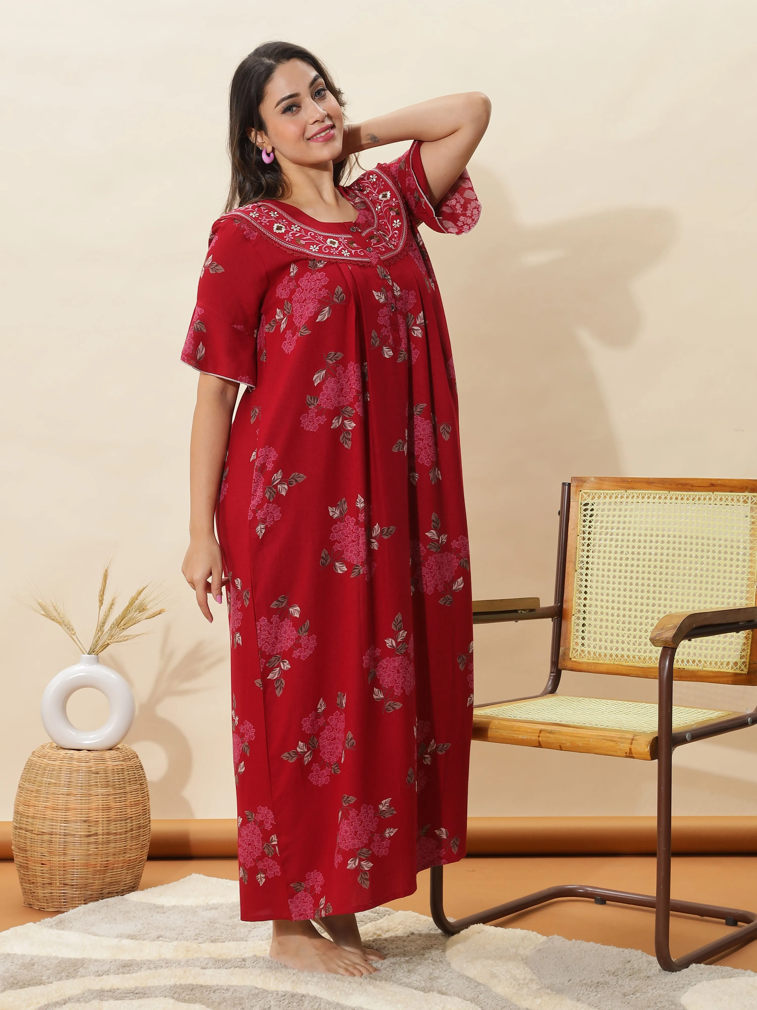 Rich Red Designer Nighty for Women With Stylish Floral Maxi Gown