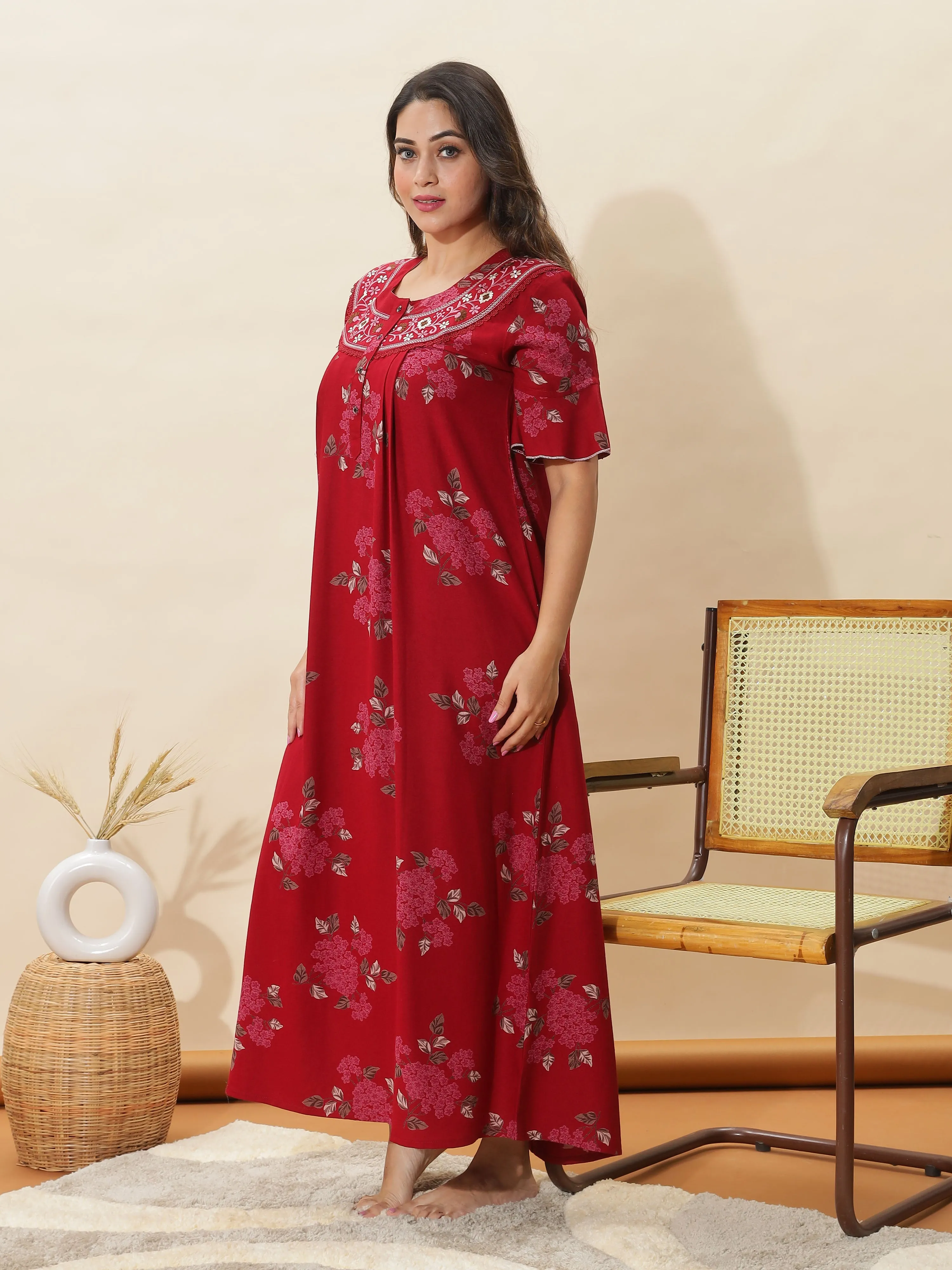 Rich Red Designer Nighty for Women With Stylish Floral Maxi Gown