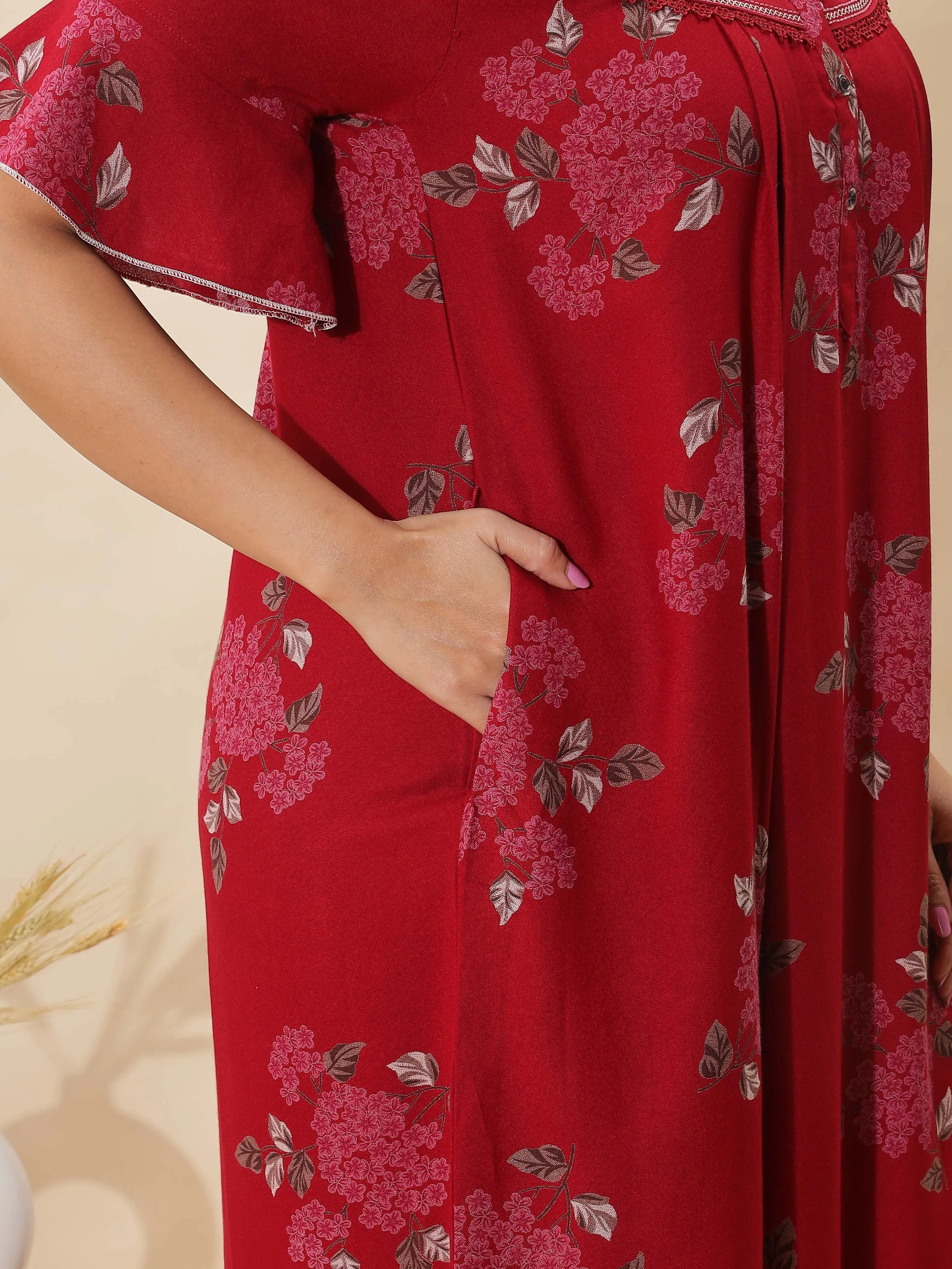 Rich Red Designer Nighty for Women With Stylish Floral Maxi Gown