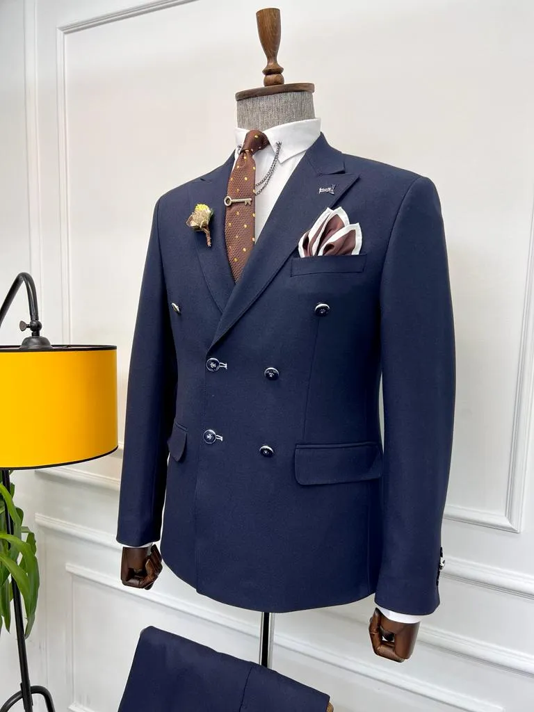 Rick Slim Fit Special Design Double Breasted Blue Detailed Suit