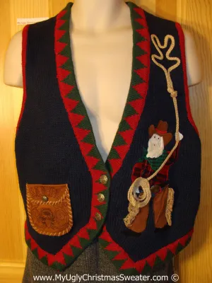 Ride 'em Cowboy! Tacky Christmas Sweater Party Ugly Sweater Vest with Cowboy Santa & Horse and Wagon on the Back  (f907)