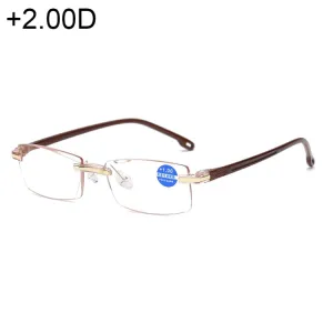 Rimless Anti Blue-ray Blue Film Lenses Presbyopic Glasses,  2.00D(Brown)