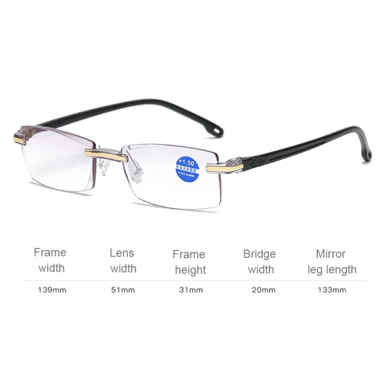 Rimless Anti Blue-ray Blue Film Lenses Presbyopic Glasses,  3.00D(Black)