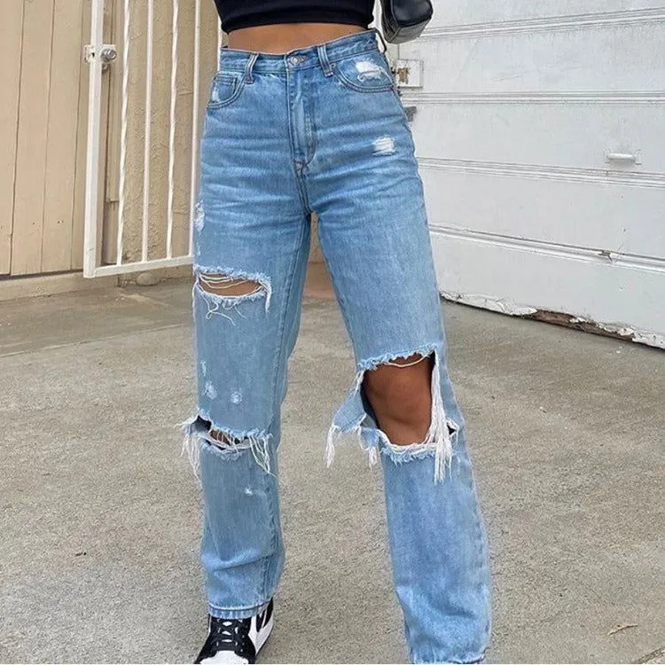 Ripped Button Fly Mid Waist Straight Leg Denim Jeans