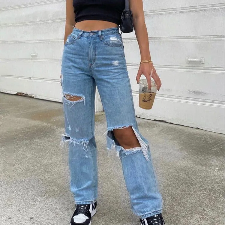 Ripped Button Fly Mid Waist Straight Leg Denim Jeans