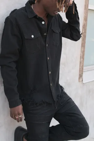 Ripped Denim Overshirt - Black