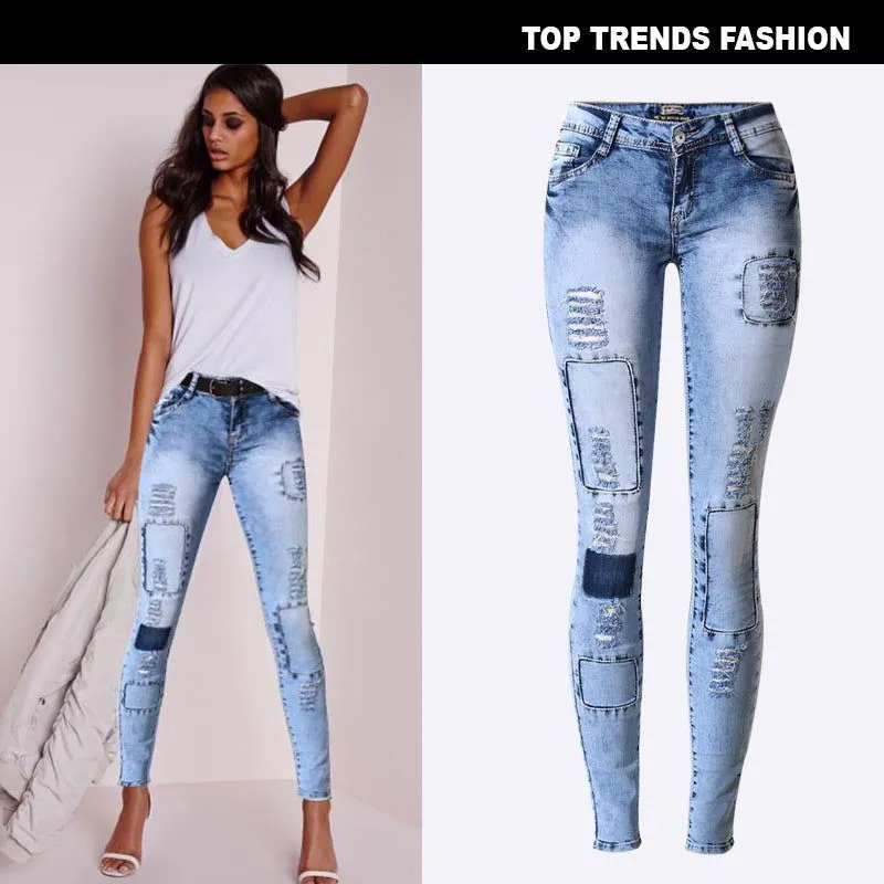 Ripped Patchwork Holes Low Waist Skinny Denim Jeans