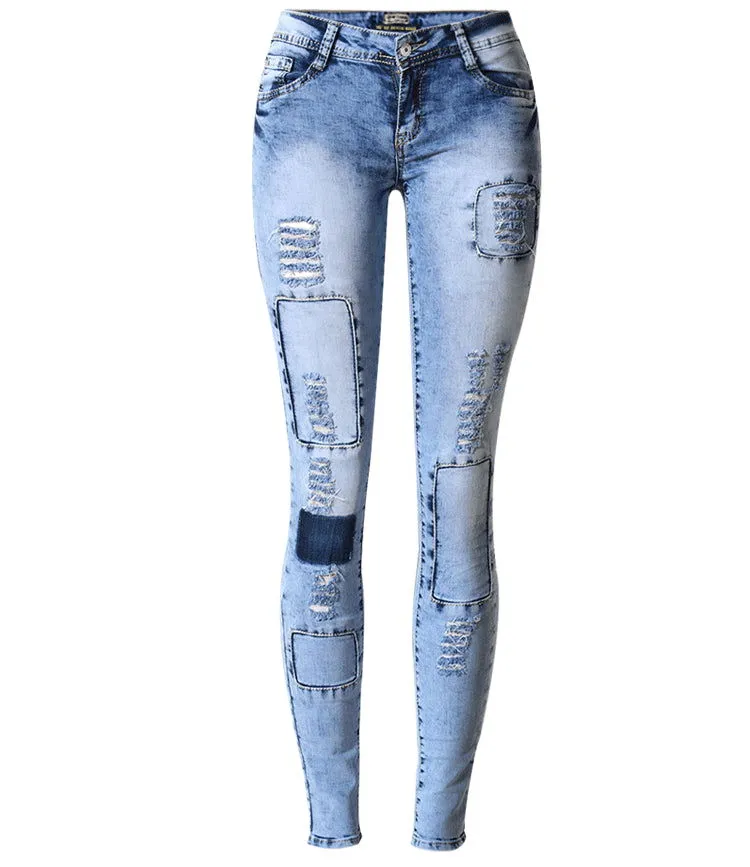 Ripped Patchwork Holes Low Waist Skinny Denim Jeans