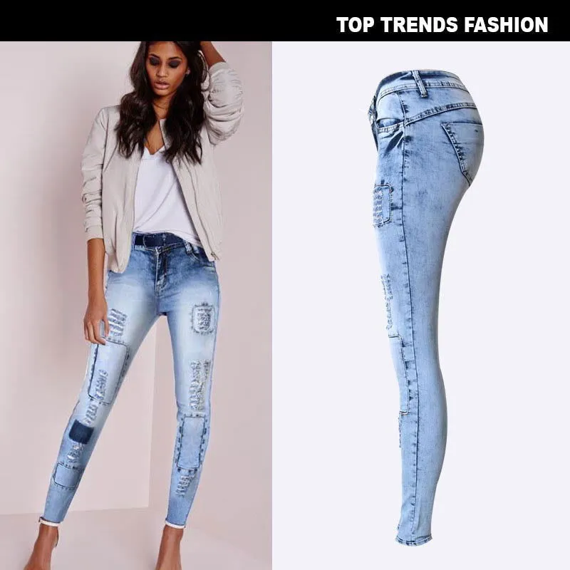 Ripped Patchwork Holes Low Waist Skinny Denim Jeans