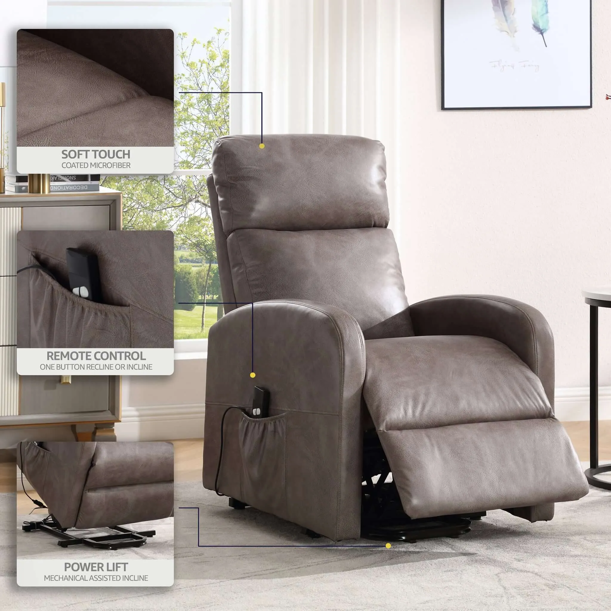 Rise & Recline Electric Recliner Armchair Faux Leather - Dom Mocha