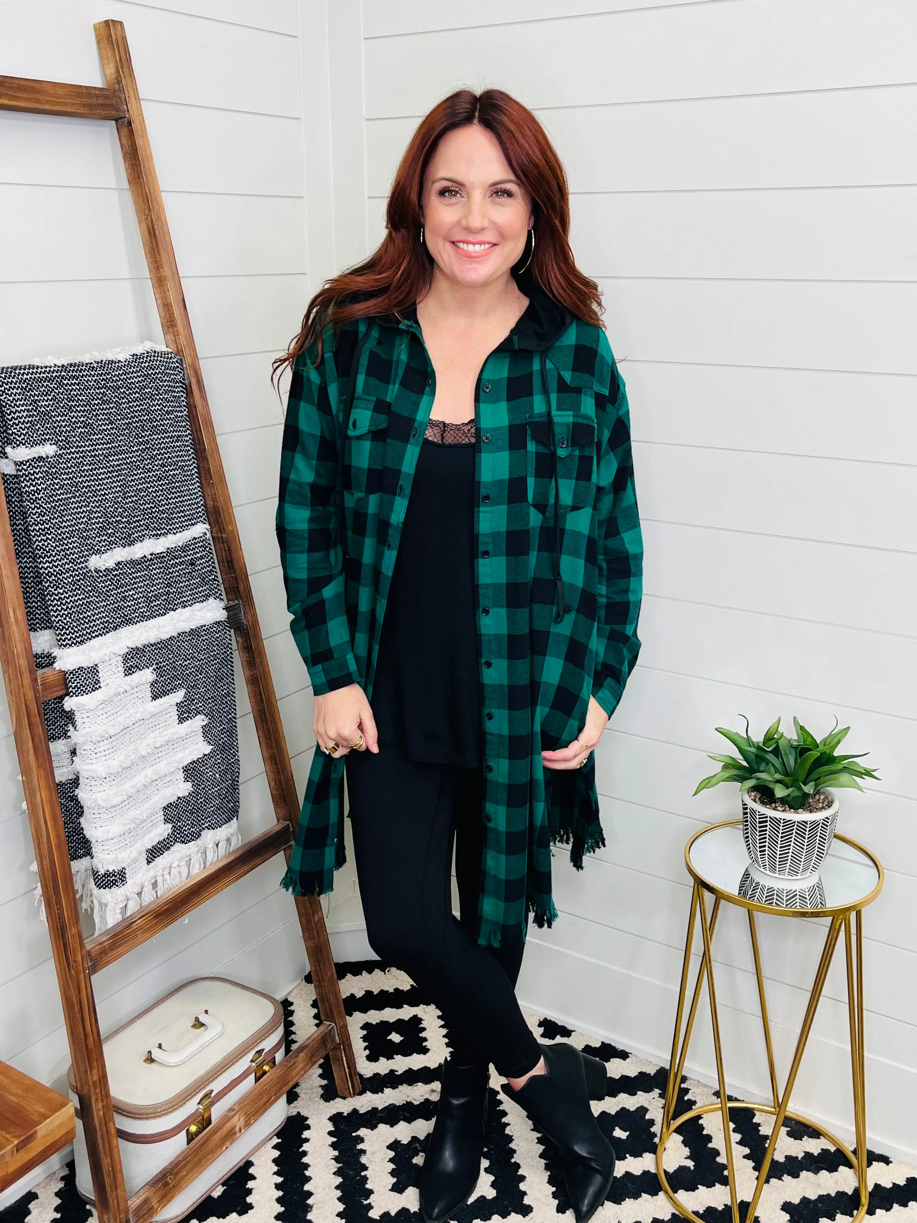 Risen Green Plaid Hooded Longline Shacket w/ pockets