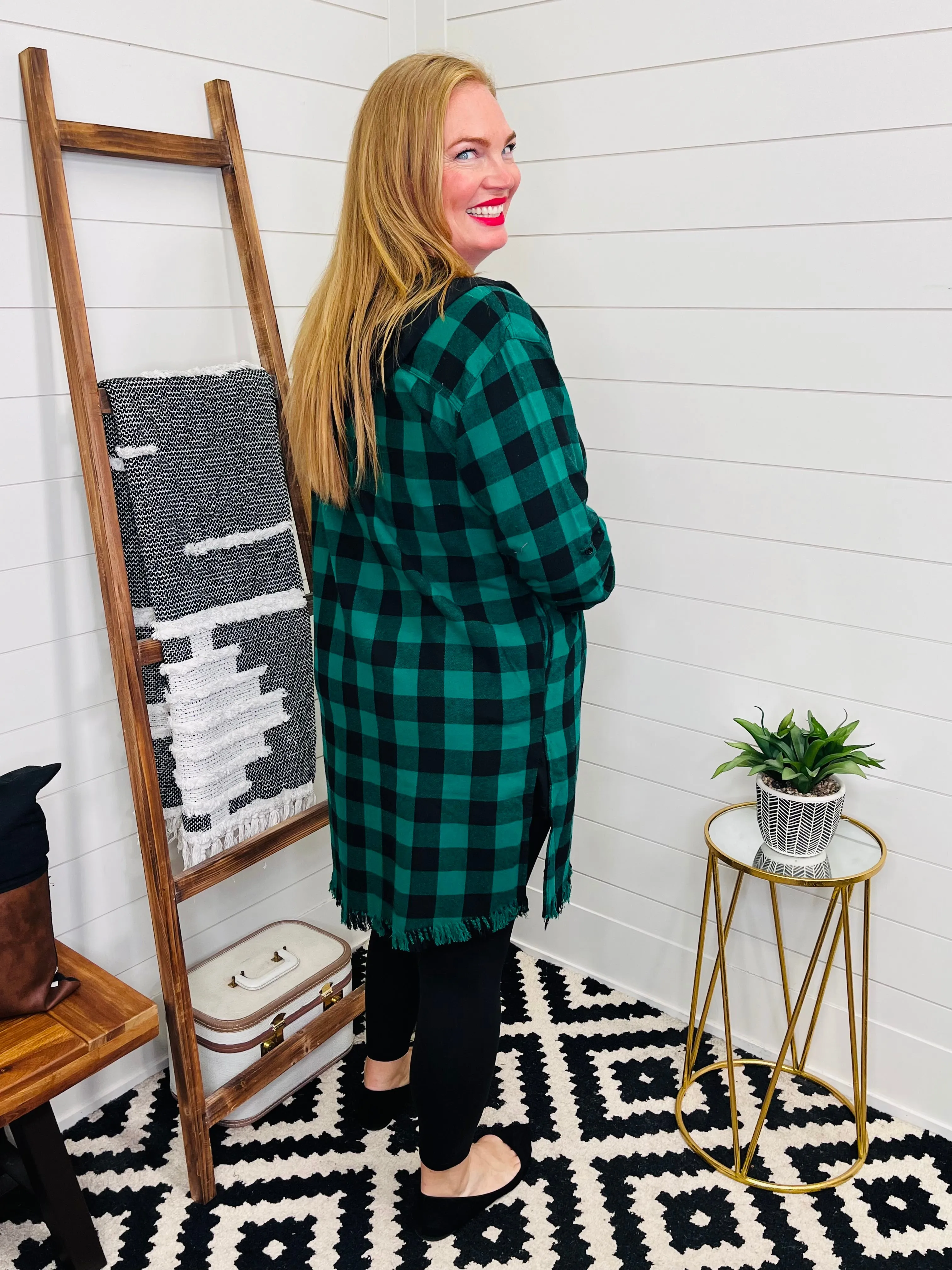 Risen Green Plaid Hooded Longline Shacket w/ pockets