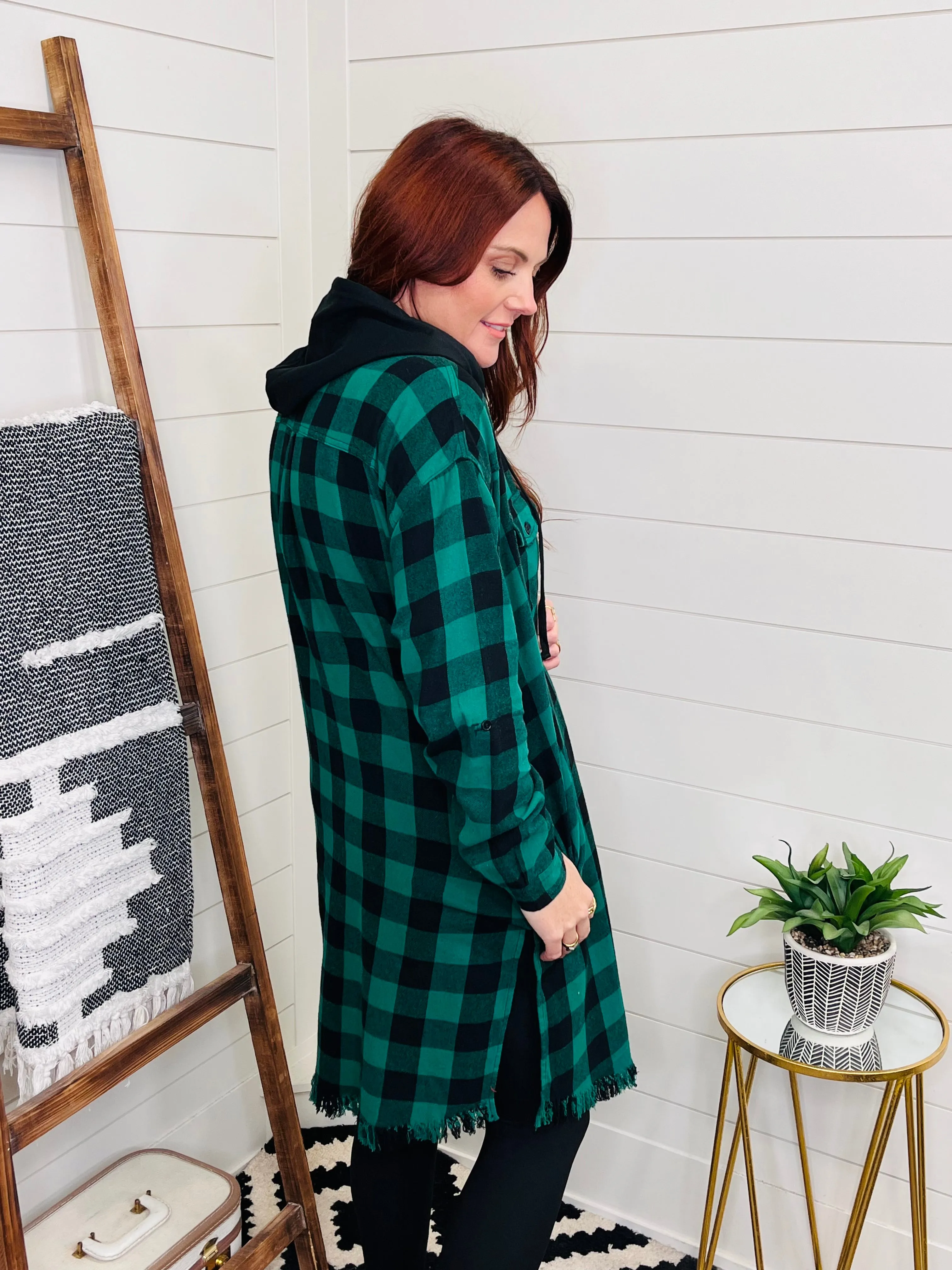 Risen Green Plaid Hooded Longline Shacket w/ pockets