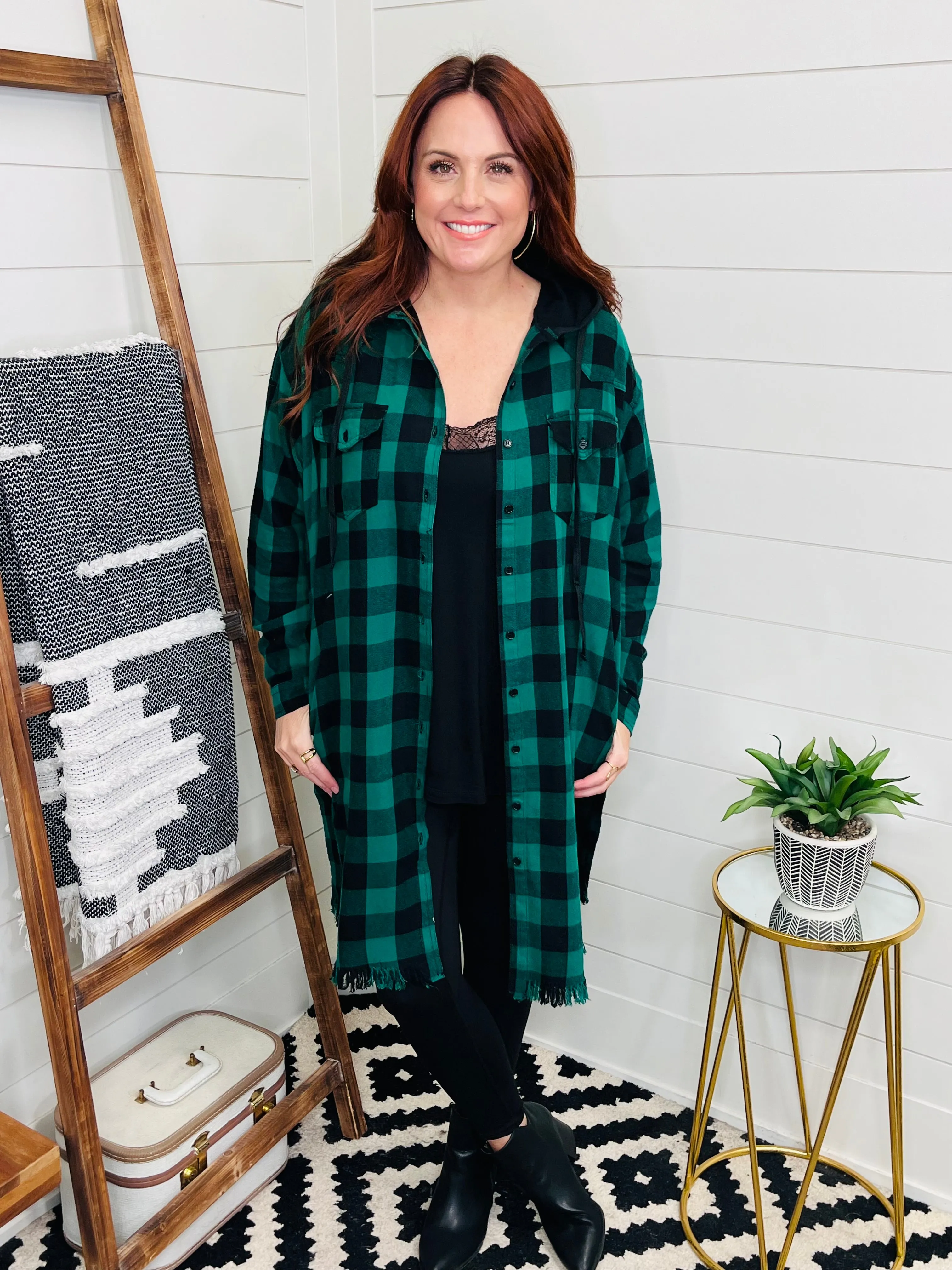 Risen Green Plaid Hooded Longline Shacket w/ pockets