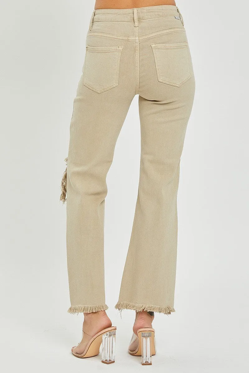 RISEN Kimmie Khaki Distressed Straight Jeans