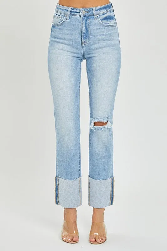 Risen Pat High Rise Wide Cuffed Straight Denim Jeans [1-3XL]