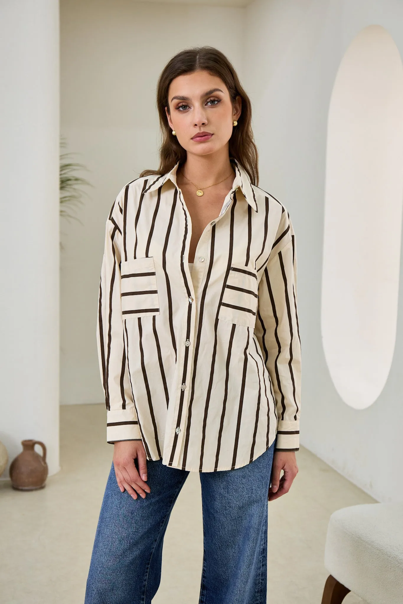 Rissa Beige Black Stripe Shirt