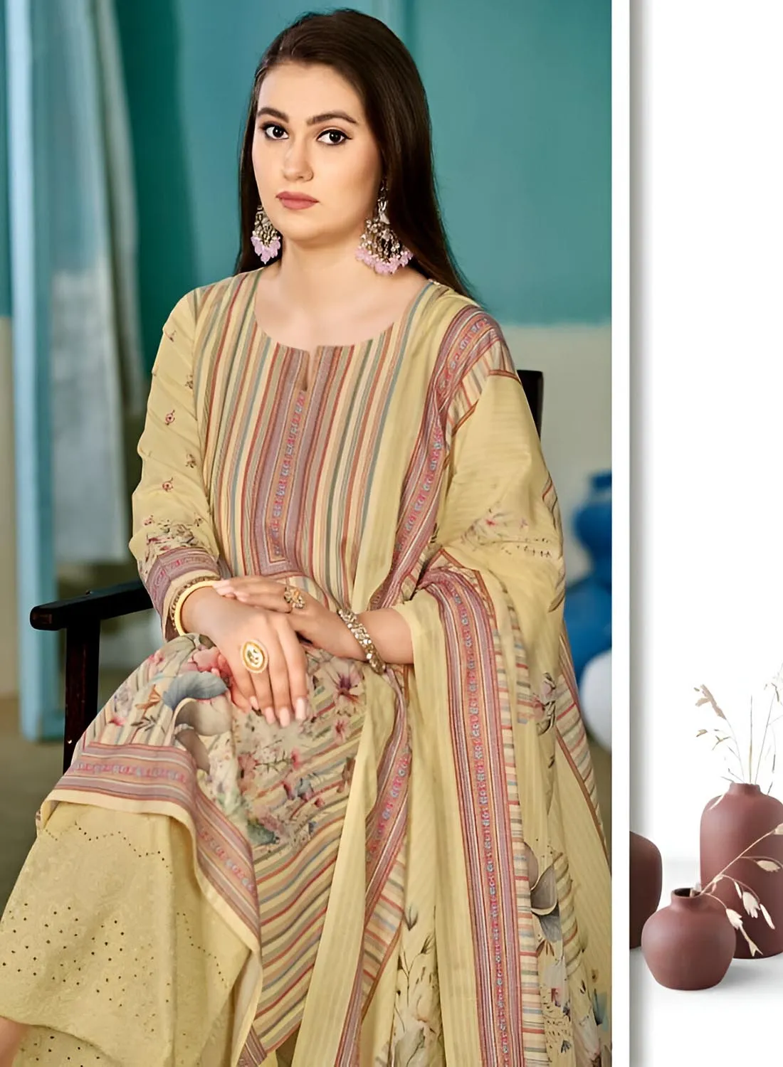 Rivaa Pure Cotton Yellow Printed Unstitched Suit Material for Women