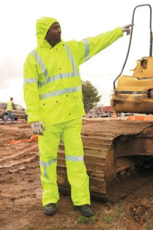 River City Garments X-Large Lime Luminator .40 mm Cotton, Polyester And Polyurethane Flame Resistant 2 Piece Rain Suit With Silver Reflective Stripes (Includes Jacket With Front Snap Closure, Attached Hood And Drawstring Pants)