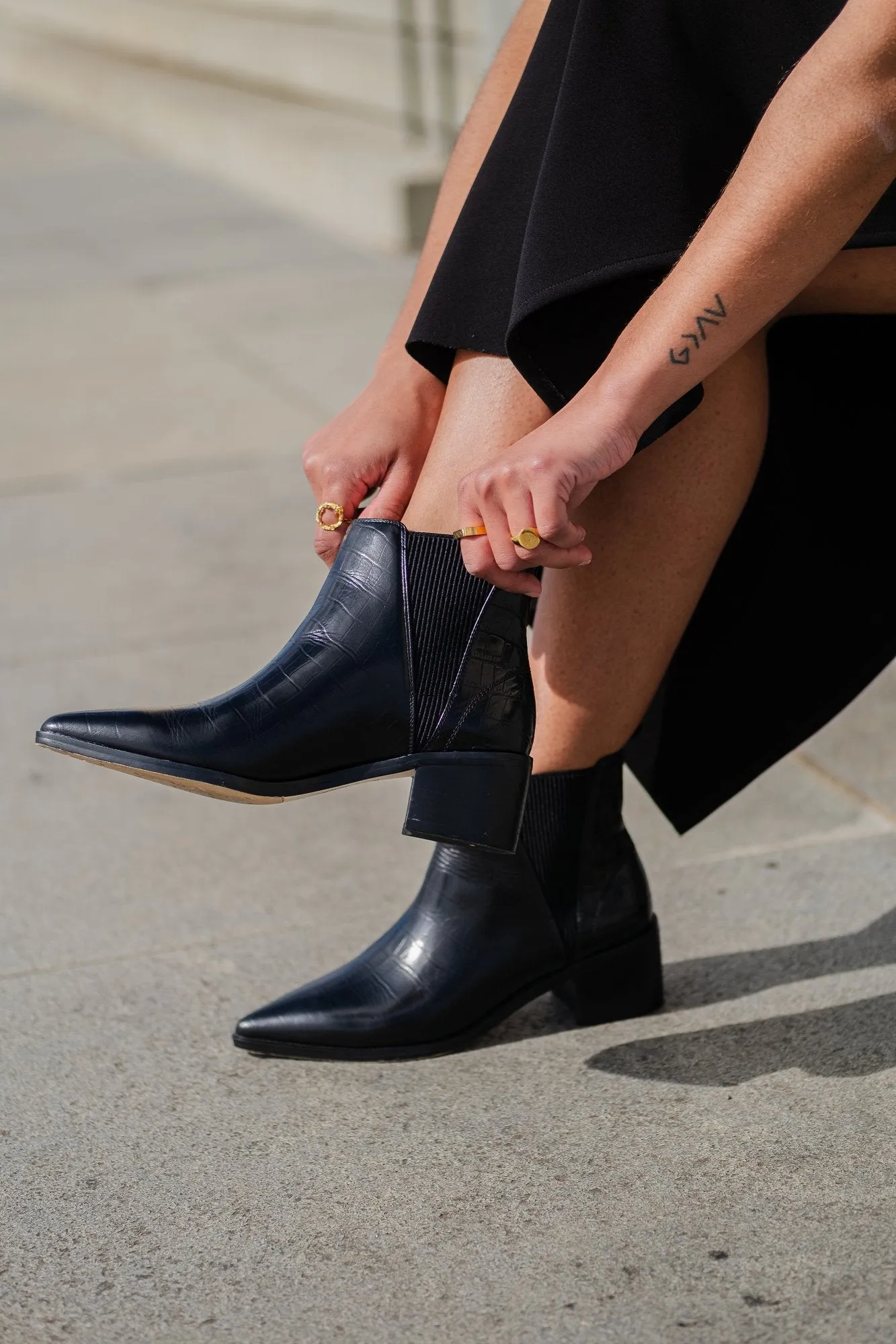 River Croco Leather Ankle Boot Black