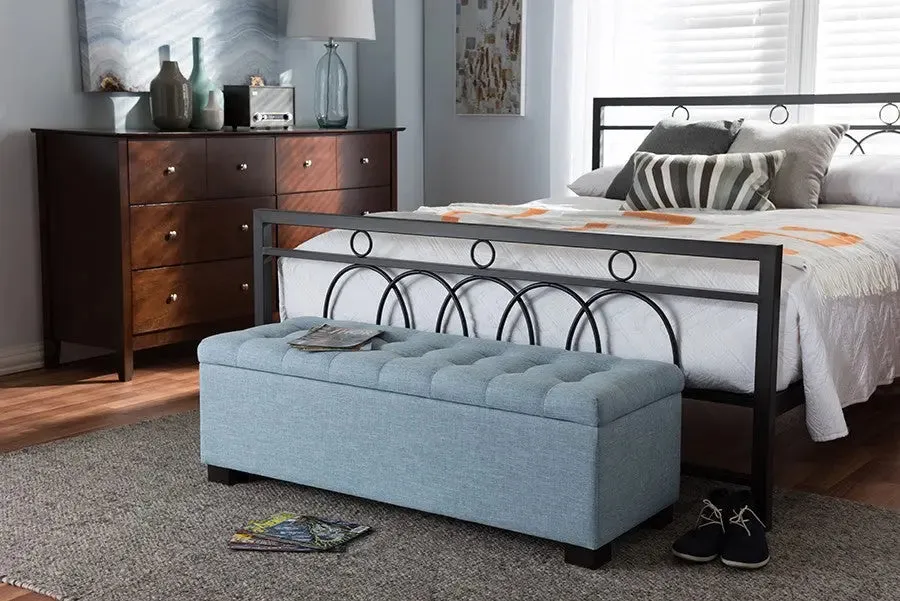 Roanoke Light Blue Fabric Upholstered Grid-Tufting Storage Ottoman Bench