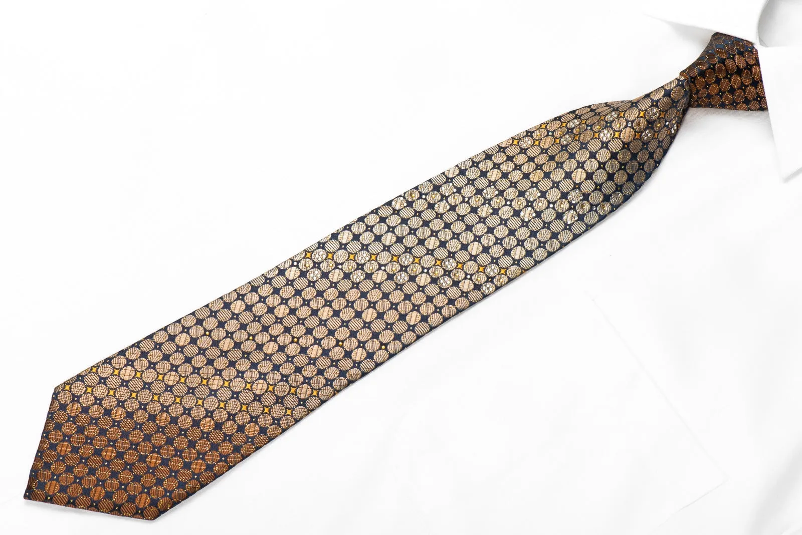 Roberta d Camerino Men's Crystal Rhinestone Silk Necktie Brown Circles On Navy With Gold Sparkles