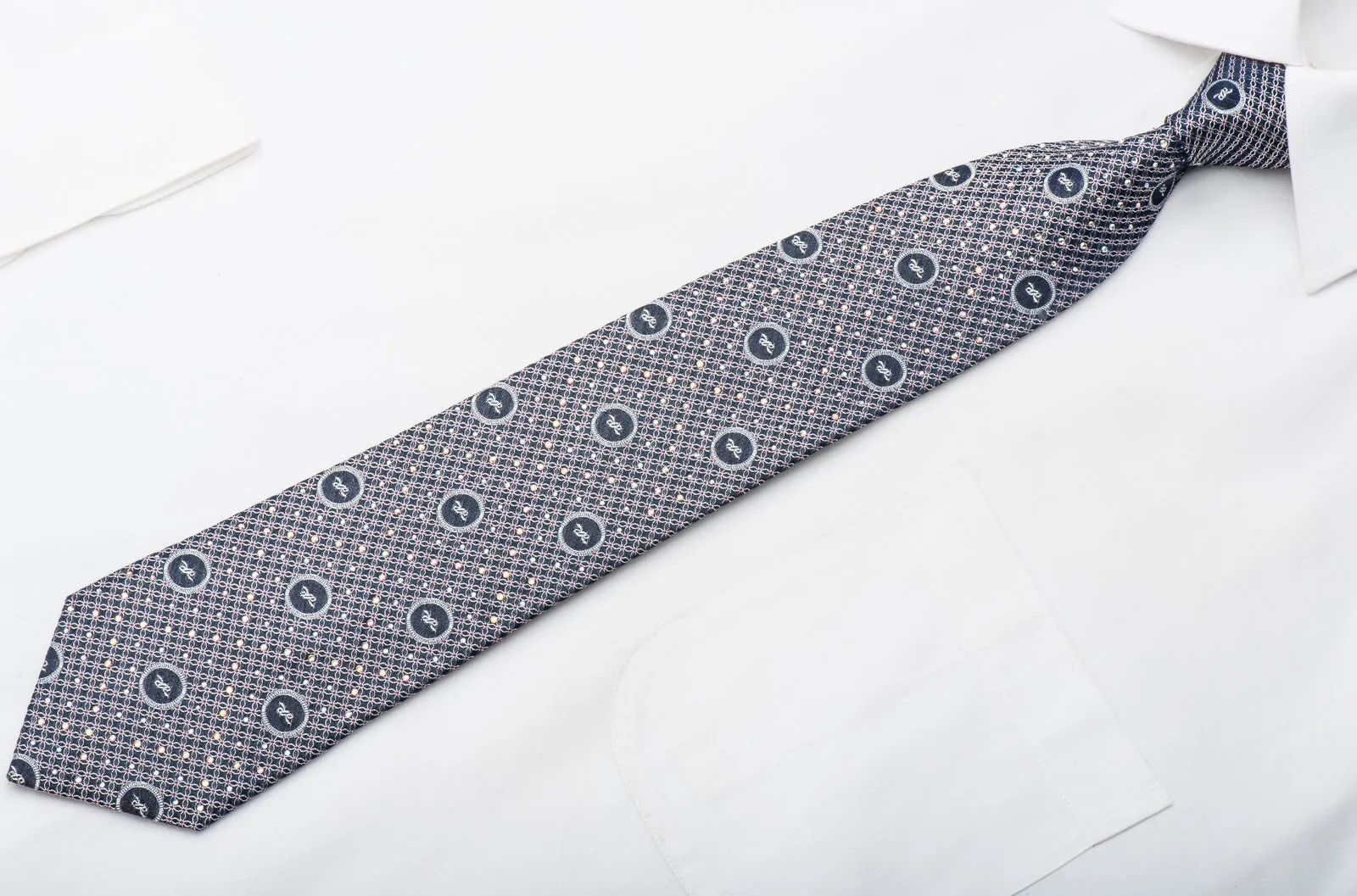 Roberta-di-Camerino Men's Silk Tie Silver Trellis On Navy Sparkling With Rhinestones